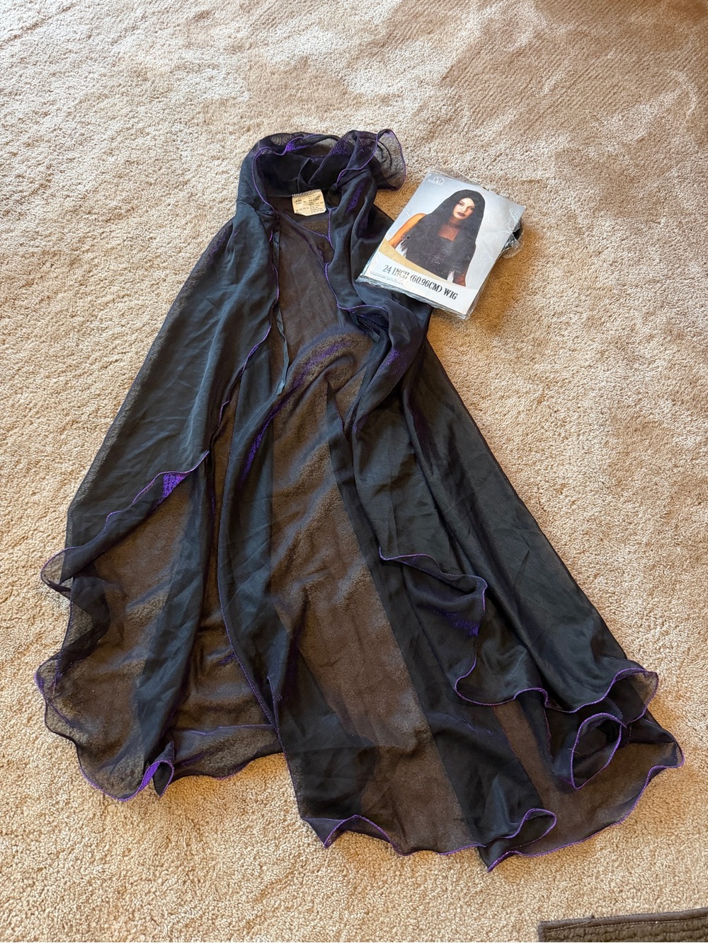 Halloween Sheer Black Cape with New Black Wig. One Size.